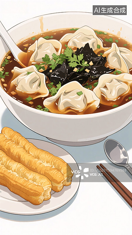 【AI数字艺术】中式早餐馄饨油条图片素材