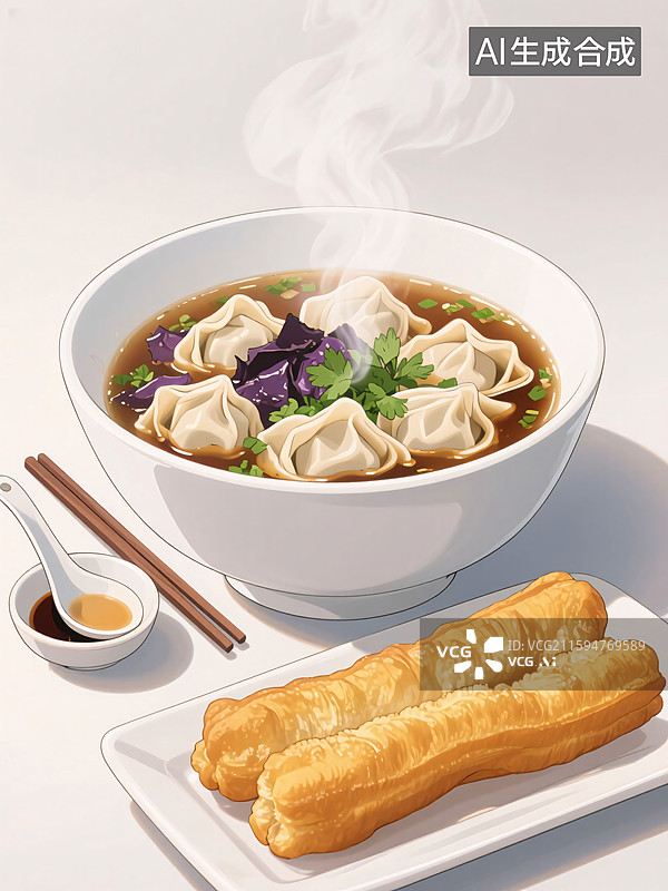 【AI数字艺术】中式早餐馄饨油条图片素材