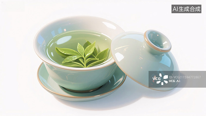 【AI数字艺术】青瓷盖碗绿茶特写图片素材