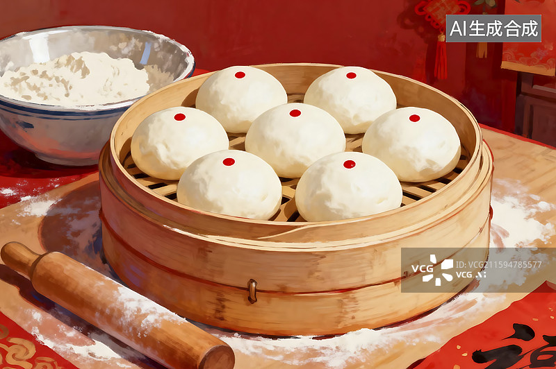 【AI数字艺术】竹蒸笼里的红点馒头图片素材