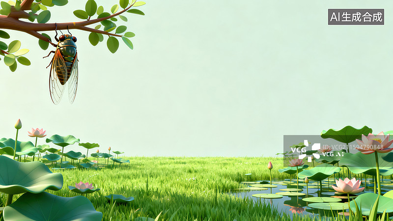 【AI数字艺术】夏日蝉鸣荷塘美景图片素材