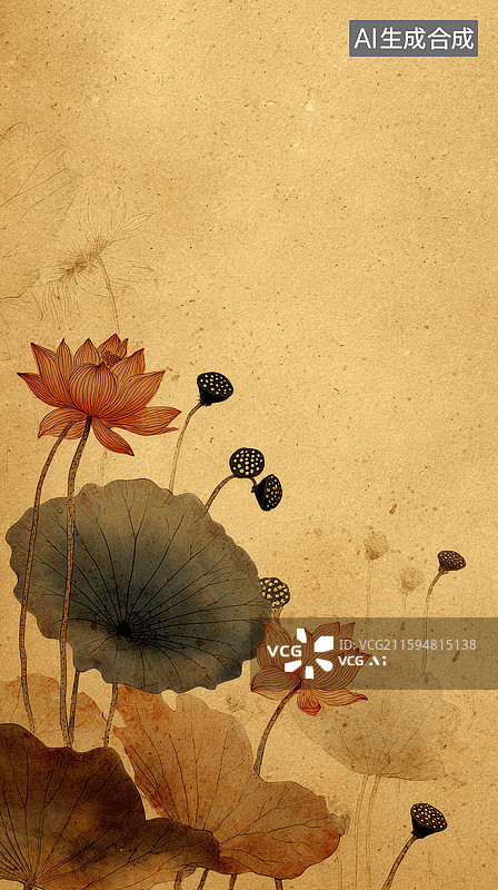 【AI数字艺术】复古风格中式莲花水墨画图片素材