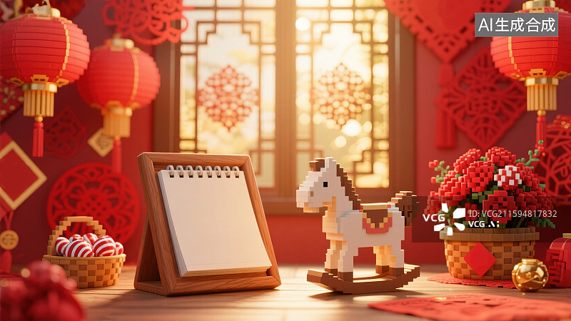 【AI数字艺术】3D三维立体像素风格拼接搭建积木玩具插画 新国风中国新年春节红色复古怀旧喜庆室内桌面场景空白相框模板图片素材