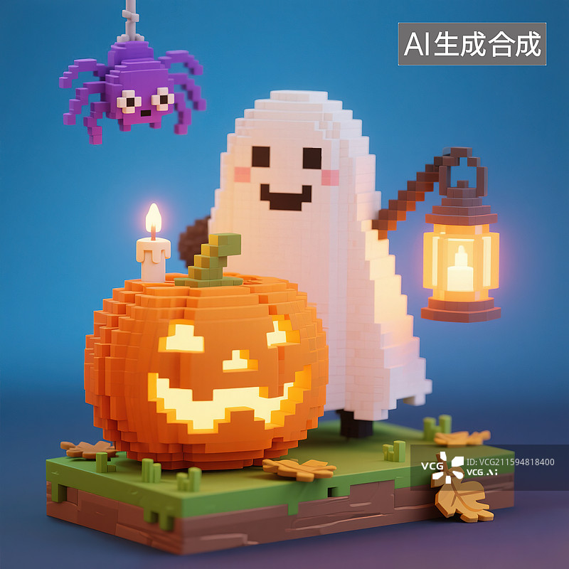 【AI数字艺术】万圣节小鬼空心南瓜灯蜘蛛草地户外秋天落叶蜡烛卡通3D三维立体像素风格积木玩具益智游戏创意艺术场景背景图片素材
