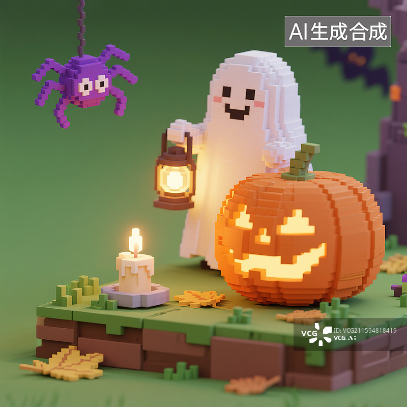 【AI数字艺术】万圣节小鬼空心南瓜灯蜘蛛草地户外秋天落叶蜡烛卡通3D三维立体像素风格积木玩具益智游戏创意艺术场景背景图片素材