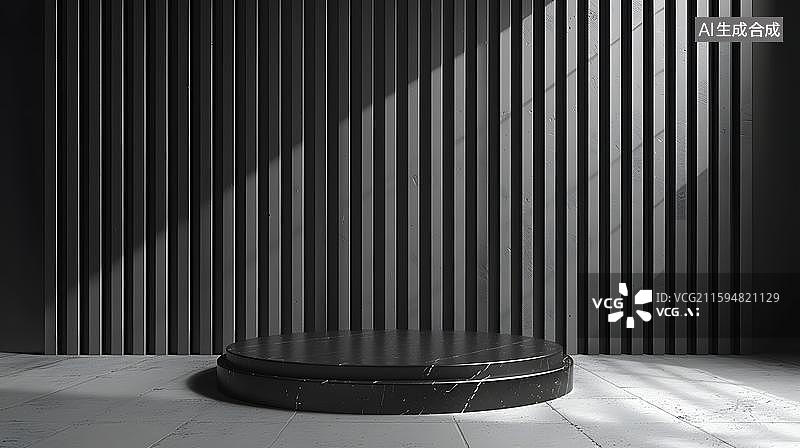 【AI数字艺术】光影木格栅圆形展台 现代简约展台设计  产品展台室内空间场景  极简现代风格室内设计产品展示场景图片素材