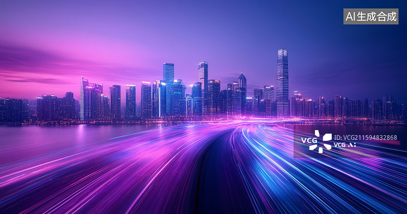 【AI数字艺术】赛博朋克城市夜晚街道车流与高楼景观图片素材