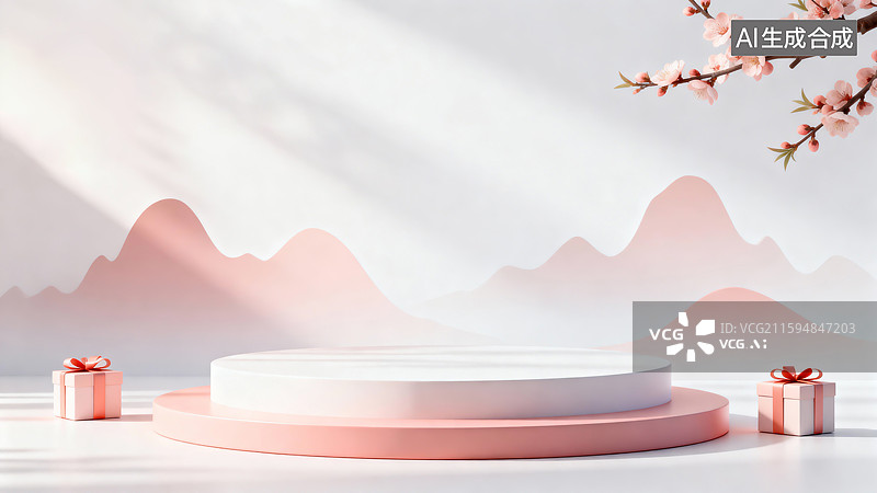 【AI数字艺术】柔和桃色展台，电商背景，产品展台图片素材