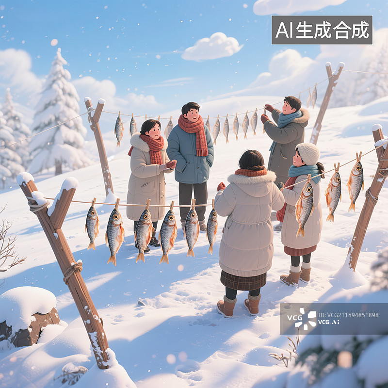 【AI数字艺术】晾晒生鱼干小雪节气沿海水乡地区传统习俗秋冬季节下雪3D三维立体卡通插画创意生活场景农村雪地图片素材