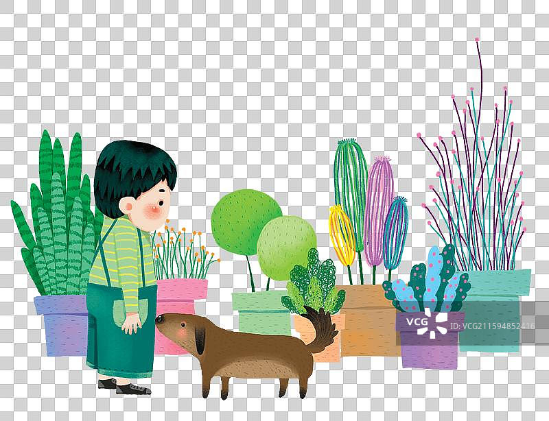 免抠元素 儿童插画 人物插画 小男孩和他的宠物狗图片素材