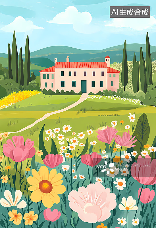 【AI数字艺术】田园风光插画图片素材
