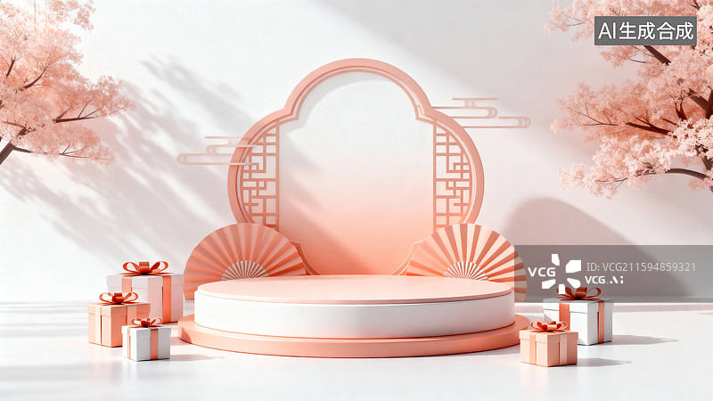 【AI数字艺术】柔和桃色展台，电商背景，产品展台图片素材