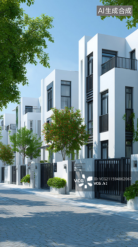 【AI数字艺术】现代白色住宅区街道图片素材