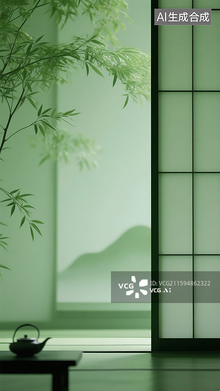 【AI数字艺术】宁静室内的竹子与屏风图片素材