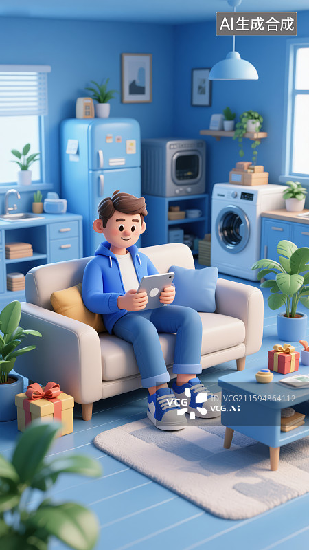 【AI数字艺术】男孩坐在蓝色沙发上使用平板电脑图片素材