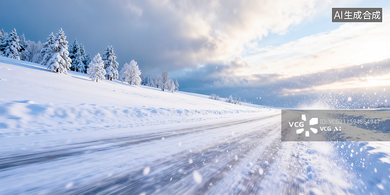 【AI数字艺术】冬季冰天雪地雪花飞溅飘落动感迅速写实场景蓝天白云户外无人区道路公路森林树林积雪覆盖电商产品展台背景图片素材