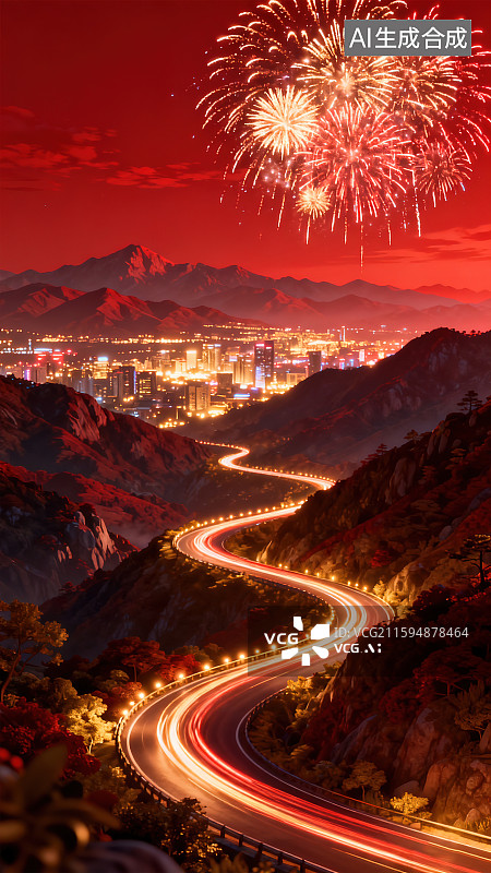 【AI数字艺术】新年跨年春节除夕国庆节中秋节元宵节旅游放假回家春运山路车流光轨慢速快门长曝光延时摄影城市烟花红色天空图片素材