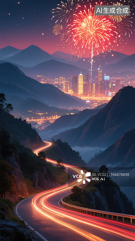 【AI数字艺术】新年跨年春节除夕国庆节中秋节元宵节旅游放假回家春运山路车流光轨慢速快门长曝光延时摄影城市烟花红色天空图片素材
