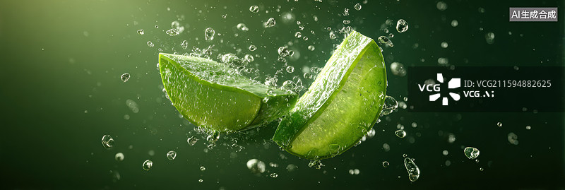 【AI数字艺术】创意抽象商业背景秋季美容护肤品广告漂浮芦荟切半周围水滴飞溅和透明精华气泡绿色背景化妆品营销材料图片素材