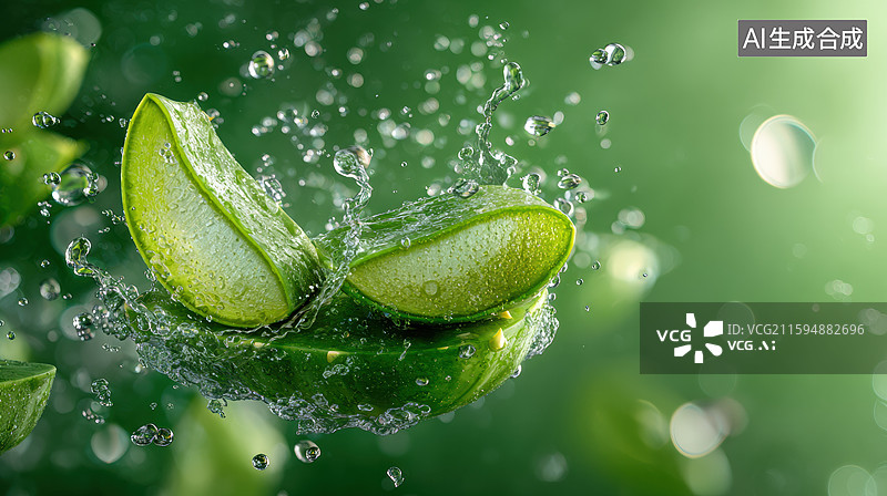 【AI数字艺术】创意抽象商业背景秋季美容护肤品广告漂浮芦荟切半周围水滴飞溅和透明精华气泡绿色背景化妆品营销材料图片素材