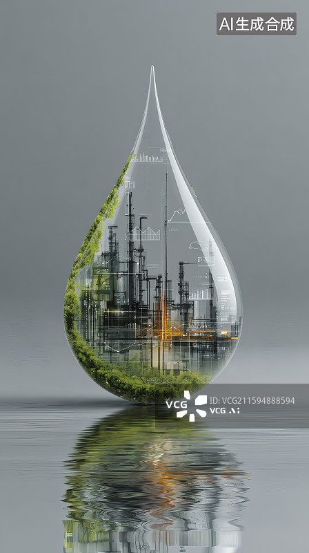 【AI数字艺术】一颗透明的水滴，中间的工业建筑，工业用水，节约用水图片素材