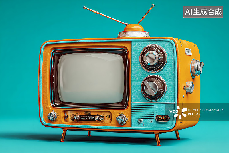 【AI数字艺术】蓝色背景，带着天线的老式电视图片素材