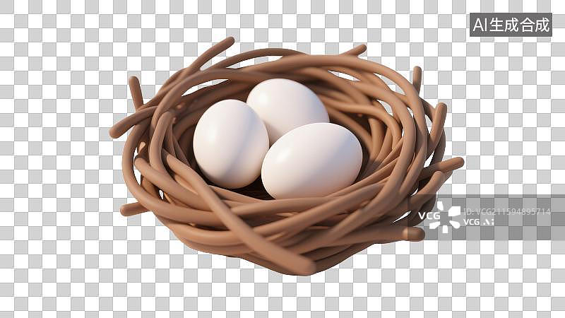 【AI数字艺术】3D三维立体三个鸟蛋在鸟窝里草窝元素图片素材