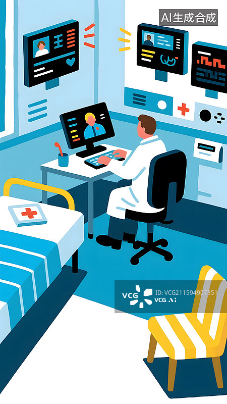 【AI数字艺术】ai医生线上远程诊疗扁平风插画图片素材