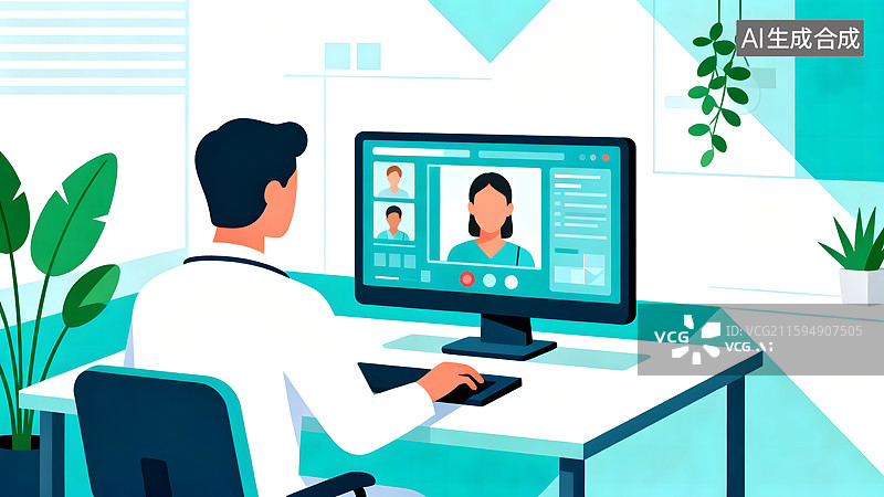 【AI数字艺术】ai医生线上远程诊疗扁平风插画图片素材