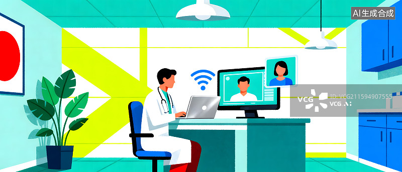 【AI数字艺术】ai医生线上远程诊疗扁平风插画图片素材