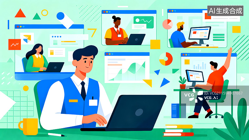 【AI数字艺术】职场人员线上会议办公扁平风插画图片素材