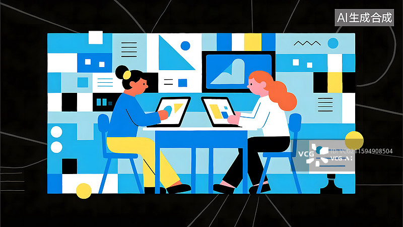 【AI数字艺术】老师在课堂上进行数字教学扁平风插画图片素材