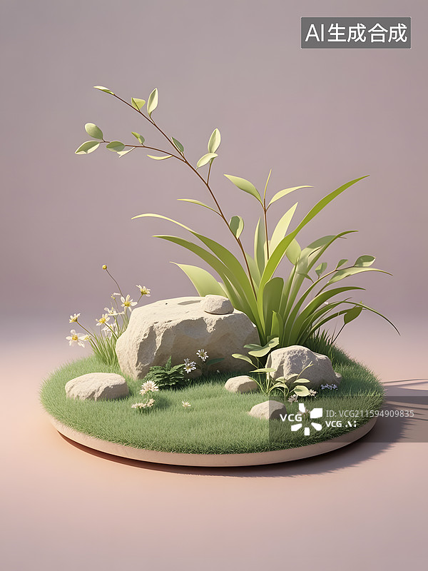 【AI数字艺术】浅粉色商品背景，小草坪上有个石块平台图片素材