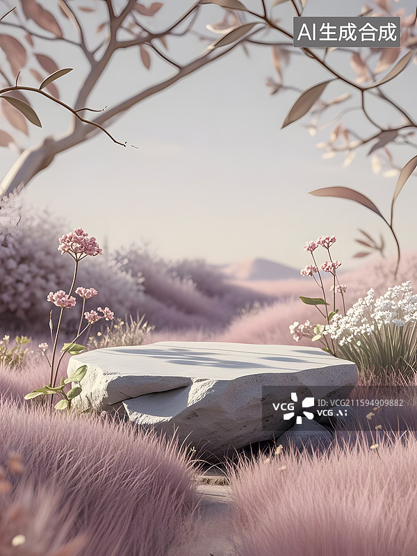 【AI数字艺术】浅粉色商品背景，小草坪上有个石块平台图片素材