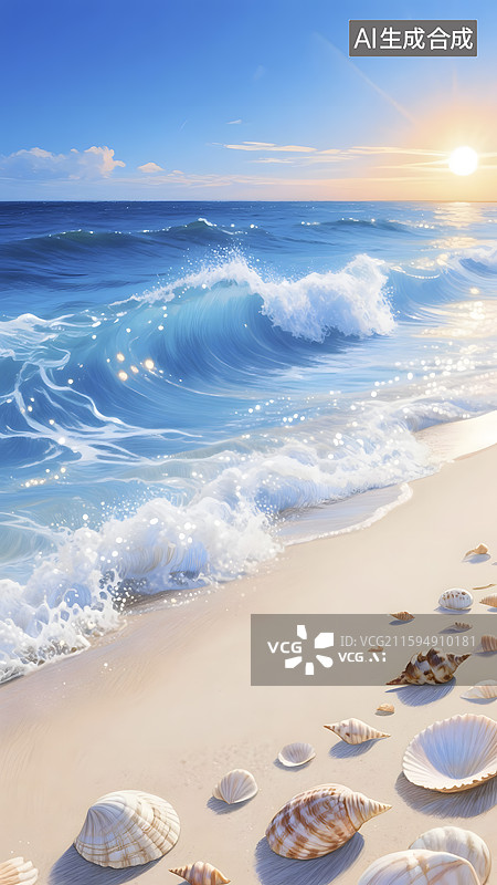 【AI数字艺术】沙滩贝壳海浪落日图片素材