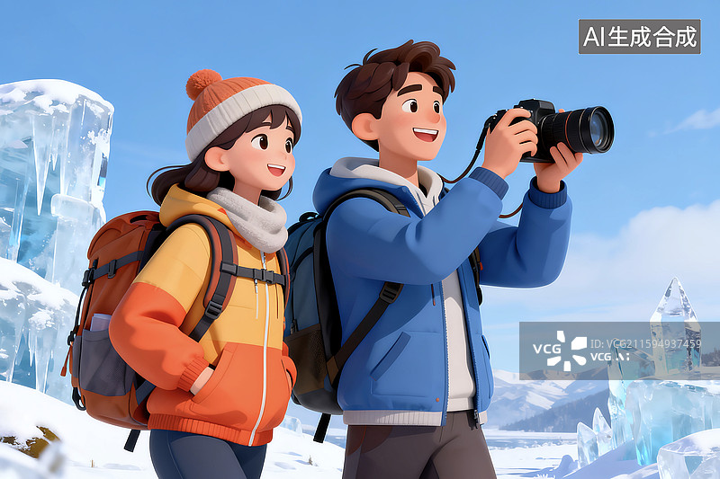 【AI数字艺术】3D三维立体C4D冬天青年伴侣情侣两个人户外露营徒步登山雪山冰川图片素材