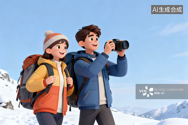 【AI数字艺术】3D三维立体C4D冬天青年伴侣情侣两个人户外露营徒步登山雪山冰川图片素材
