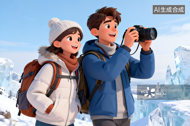 【AI数字艺术】3D三维立体C4D冬天青年伴侣情侣两个人户外露营徒步登山雪山冰川图片素材