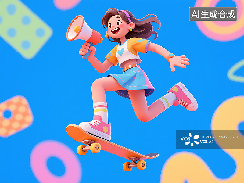 【AI数字艺术】3D三维立体C4D现代都市时尚潮流女孩女性青年人玩滑板举着喇叭卡通形象图片素材