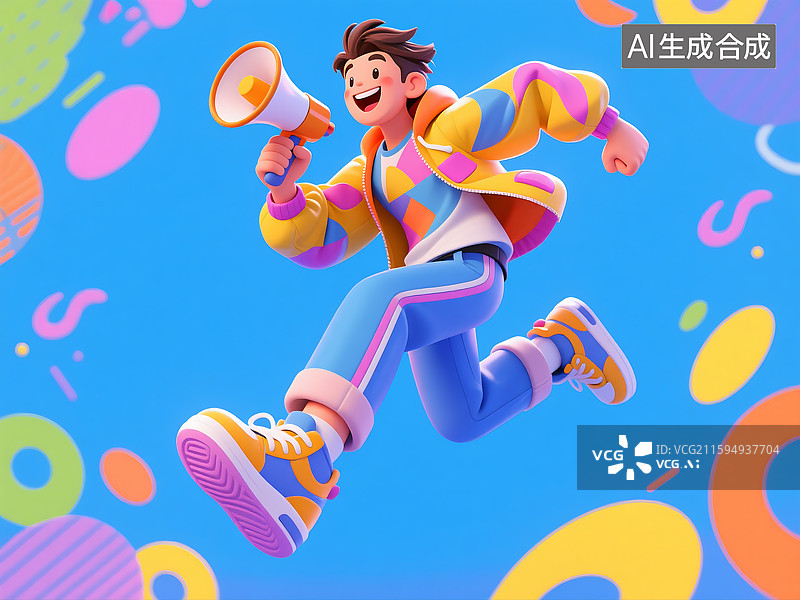 【AI数字艺术】3D三维立体C4D现代都市时尚潮流男性男孩青年人举着喇叭卡通形象图片素材
