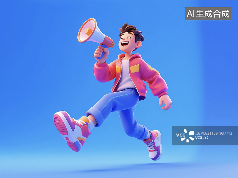 【AI数字艺术】3D三维立体C4D现代都市时尚潮流男性男孩青年人举着喇叭卡通形象图片素材