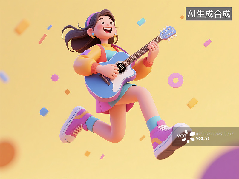 【AI数字艺术】3D三维立体C4D现代都市时尚潮流女孩女性青年人弹吉他卡通形象图片素材
