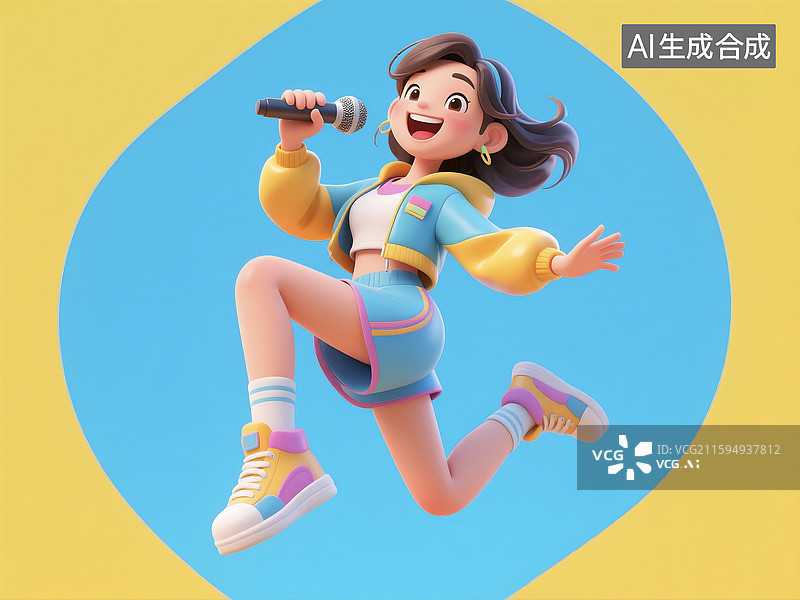 【AI数字艺术】3D三维立体C4D现代都市时尚潮流女孩女性青年人那麦克风卡通形象图片素材