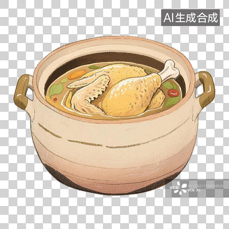 【AI数字艺术】手绘插画，家常菜，一锅鸡汤，免抠元素图片素材