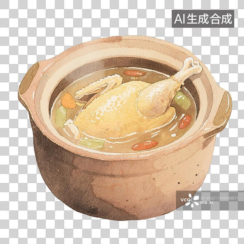 【AI数字艺术】手绘插画，家常菜，一锅鸡汤，免抠元素图片素材