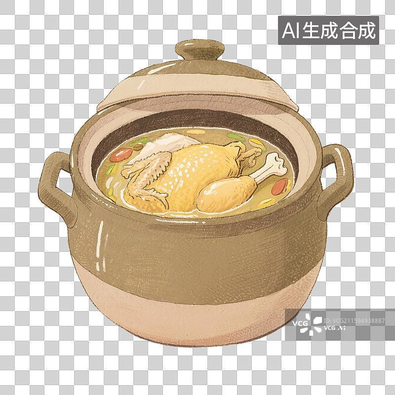 【AI数字艺术】手绘插画，家常菜，一锅鸡汤，免抠元素图片素材