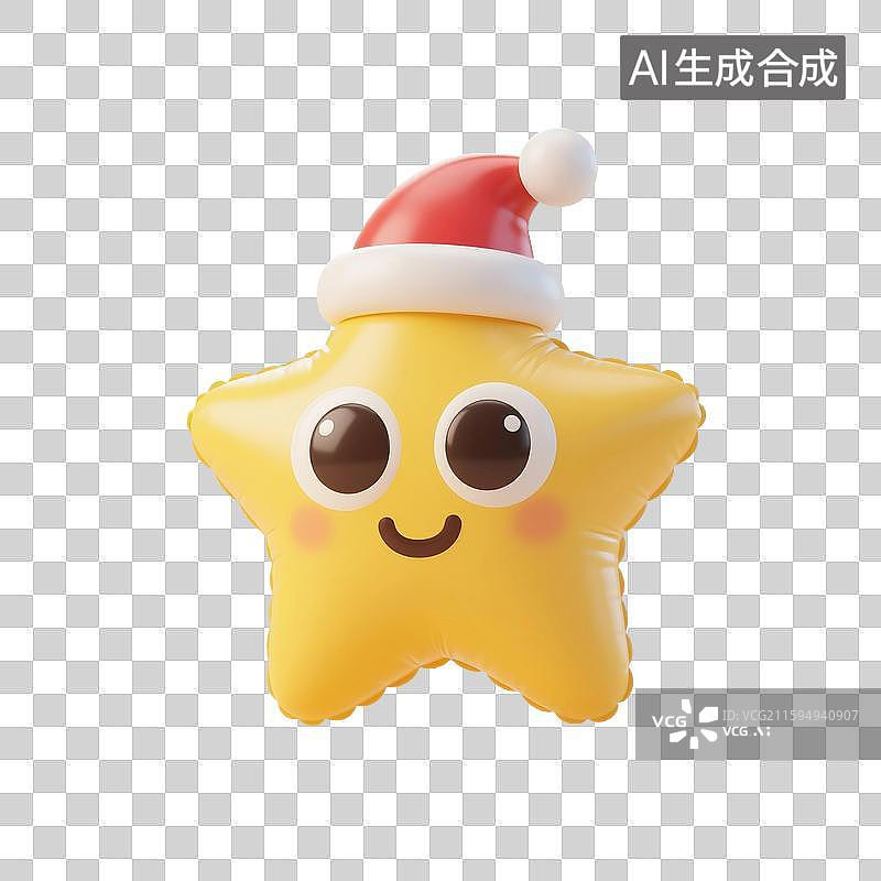 【AI数字艺术】3D渲染，膨胀充气风格，气球，戴圣诞帽的星星，圣诞老人，圣诞节，促销，免抠元素图片素材