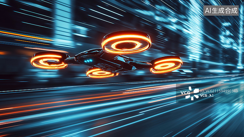 【AI数字艺术】未来城市中穿行的穿越机无人机科技主题场景和低空经济概念图片素材