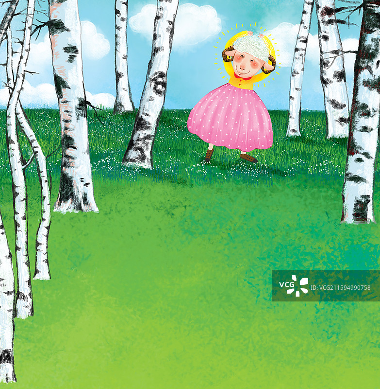 儿童插画 动物插画 在白桦林中舞蹈的羊图片素材