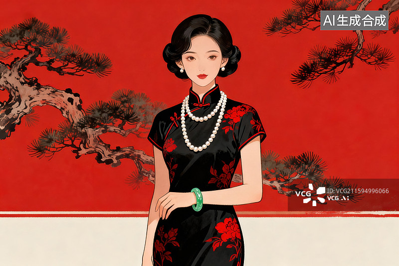 【AI数字艺术】旗袍女子复古优雅图片素材